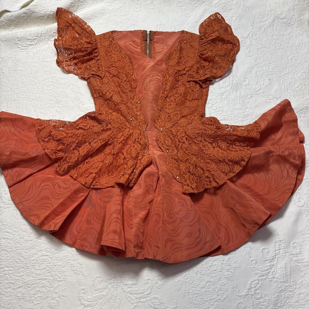 Vtg 1940-50s Circus Performers Costume Lace Rhinestone Orange Morie Taffeta